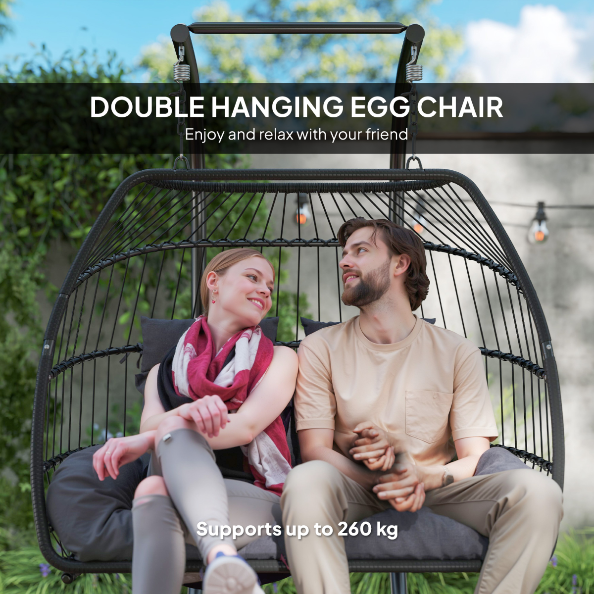 Outsunny Double Rattan Hanging Egg Chair with Stand, Cushion, Dark Grey