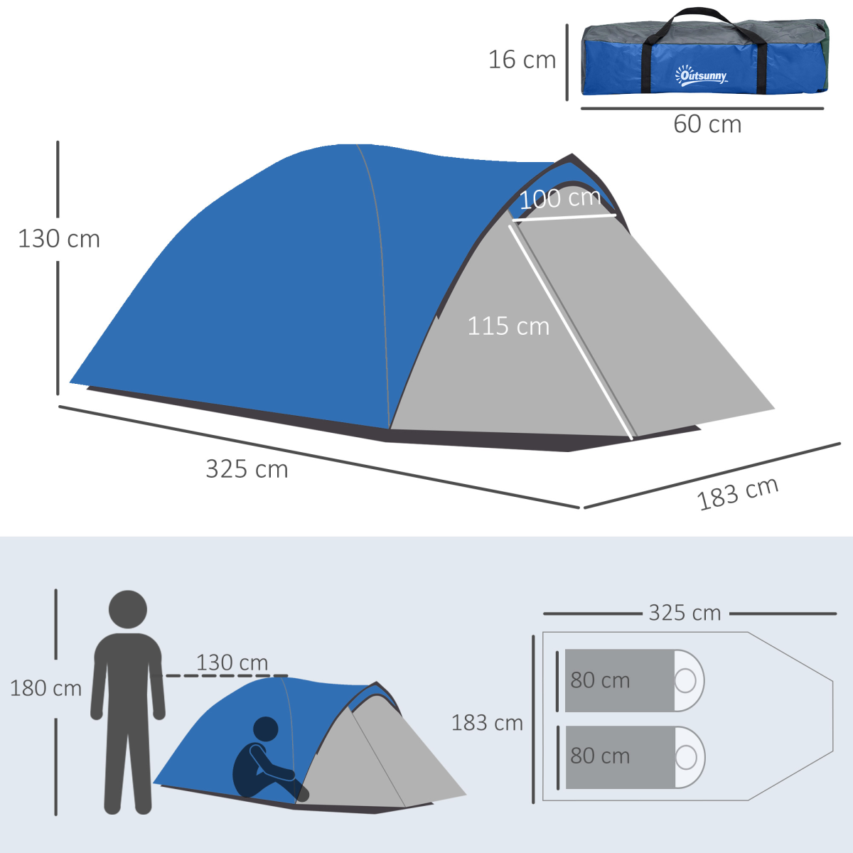 Outsunny Compact Camping Tent with Vestibule & Mesh Vents for Hiking Blue