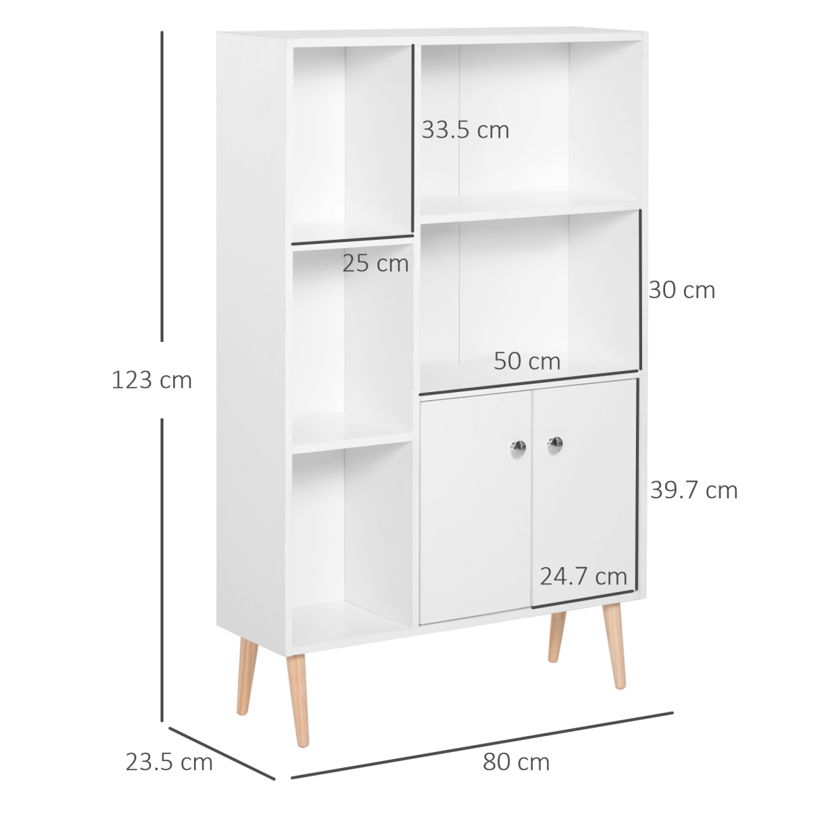 HOMCOM 5-Shelf Open Bookcase Cabinet with Bottom Cupboard, 2 Doors, 80W x 23.5D x 118H cm, White