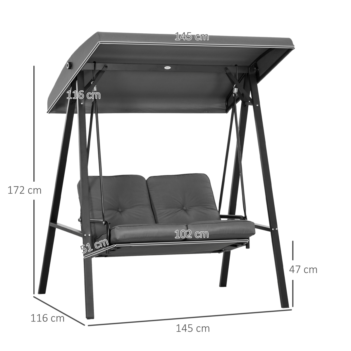Outsunny 2-Seater Outdoor Swing Chair with Adjustable Canopy, Dark Grey