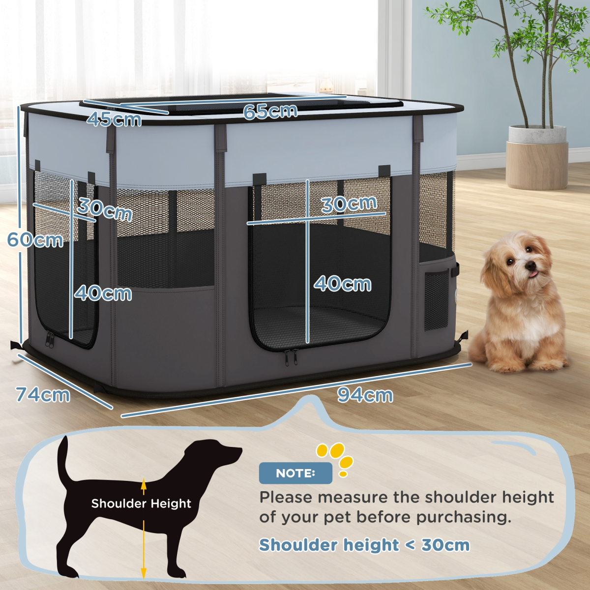 PawHut Foldable Portable Pet Pen with Mesh Windows, Grey