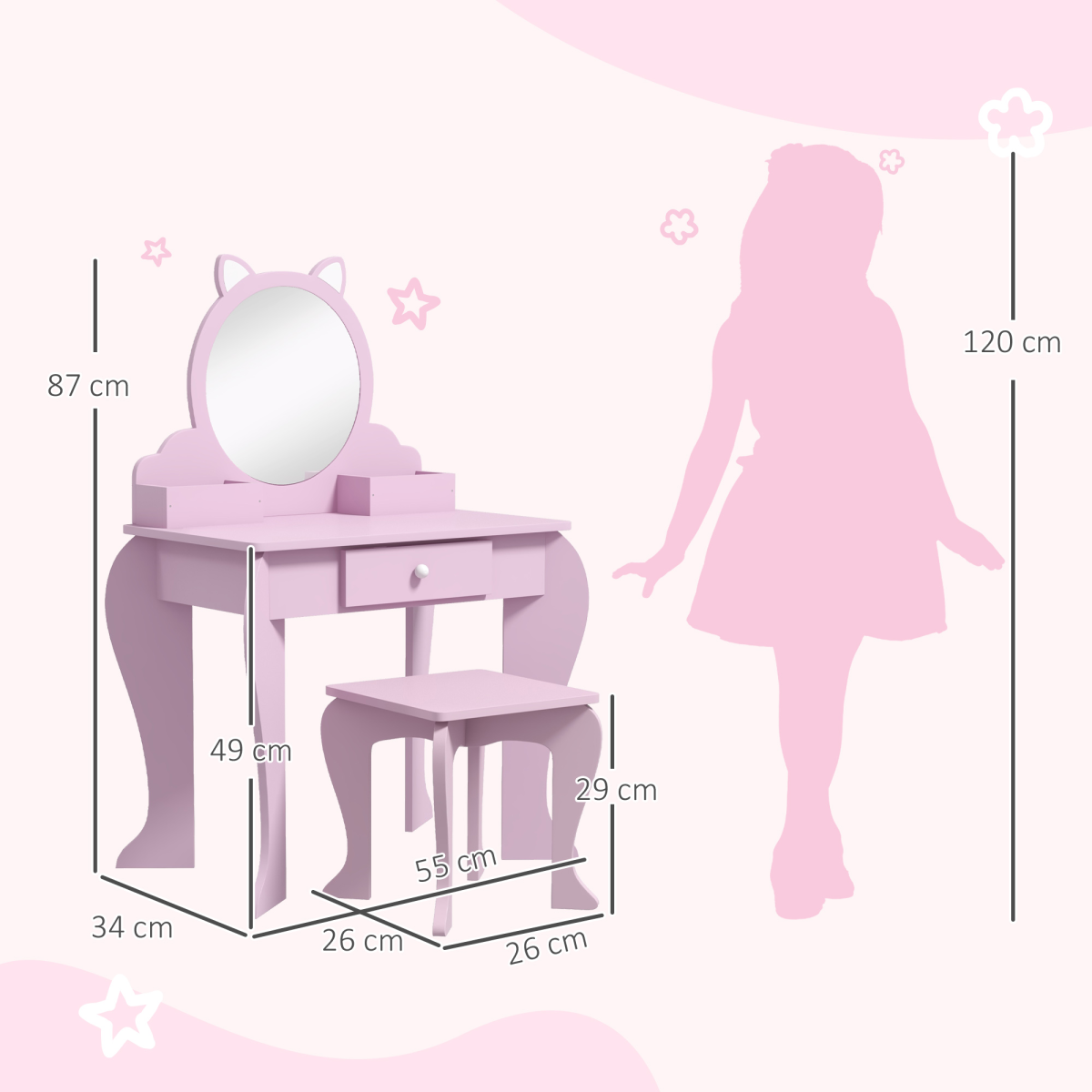ZONEKIZ Kids Dressing Table Set with Mirror, Stool, Drawer and Storage Boxes, Cat Design, Pink