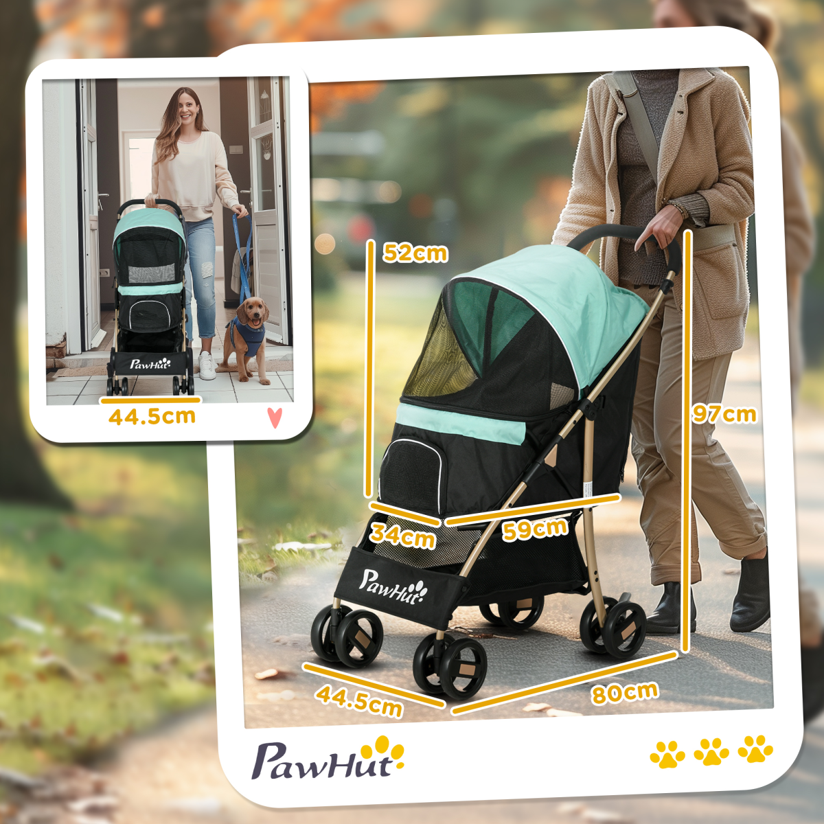 PawHut Foldable Pet Stroller for XS and S Dogs with Rain Cover - Green