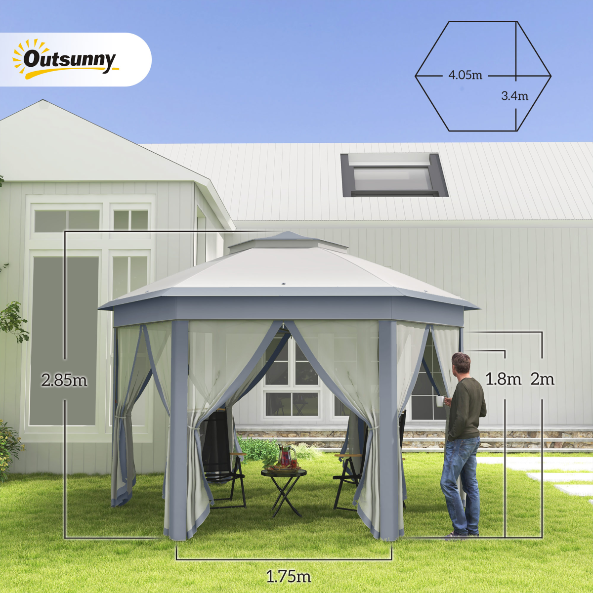 Outsunny Hexagon Pop Up Gazebo with Double Roof and Mesh Curtains, 4m x 4m, Grey