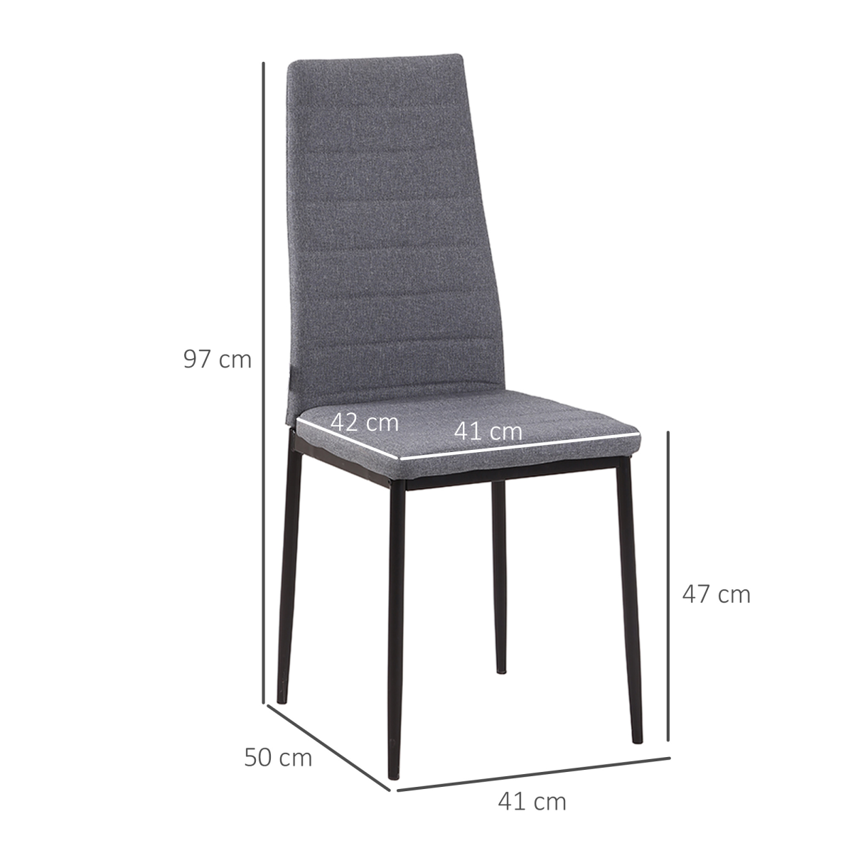 Set of 4 High Back Upholstered Dining Chairs, Grey Linen-Look Fabric, Steel Legs