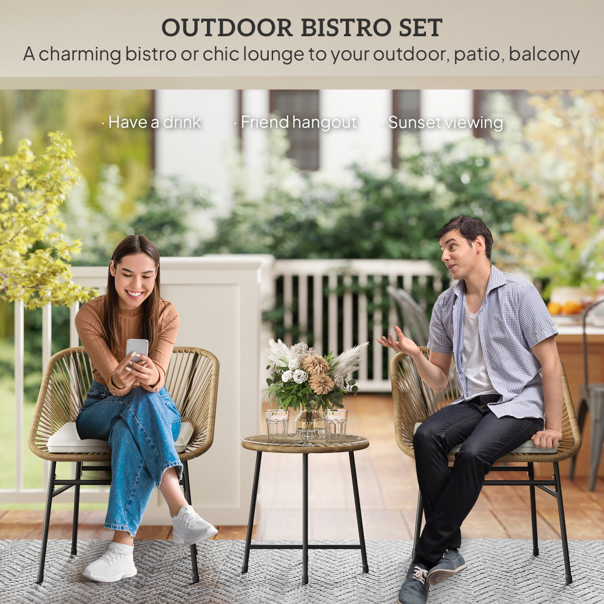 Outsunny 3-Piece Rattan Bistro Set with Cushions for Balcony