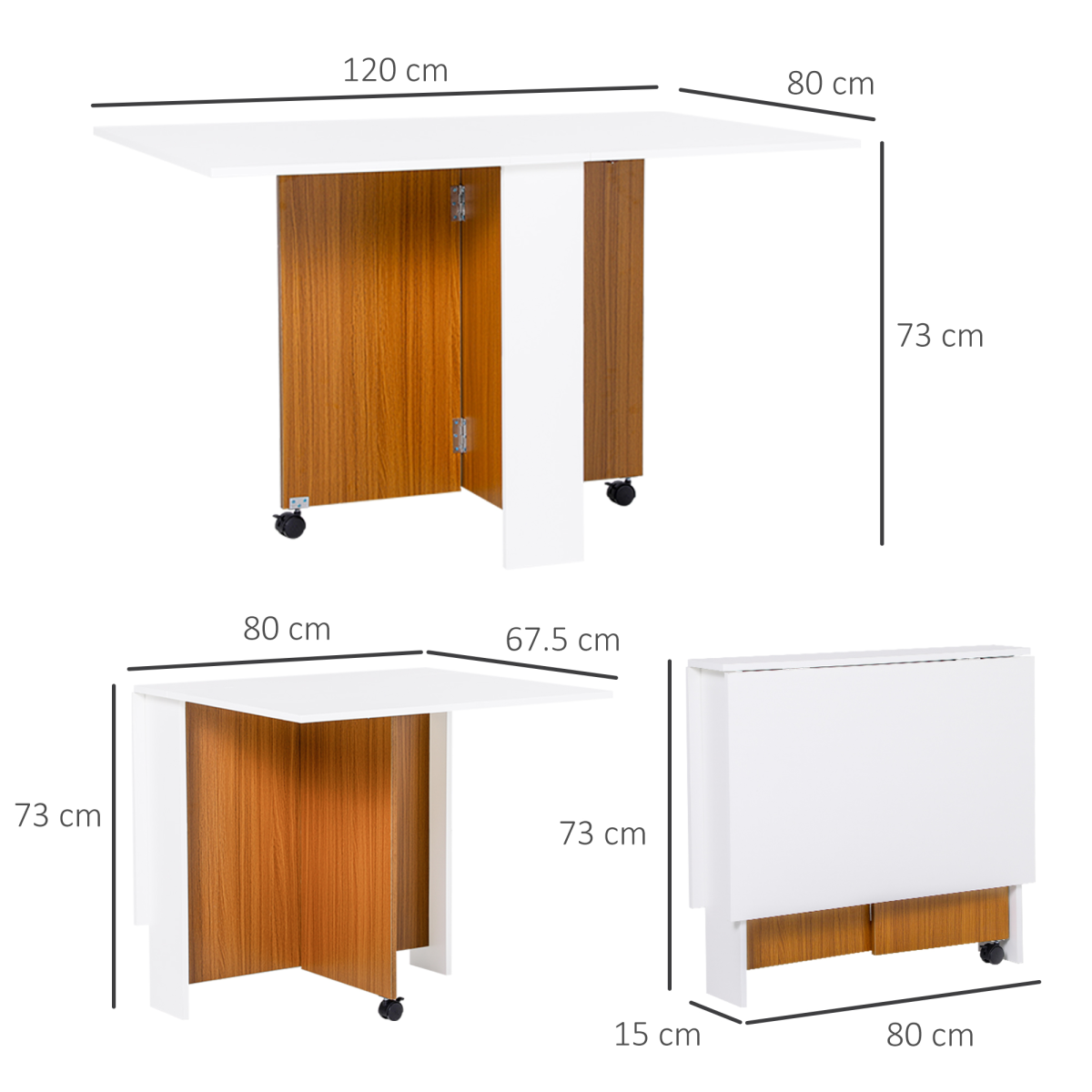 HOMCOM Folding Drop Leaf Dining Table and Writing Desk with Casters, Teak/White