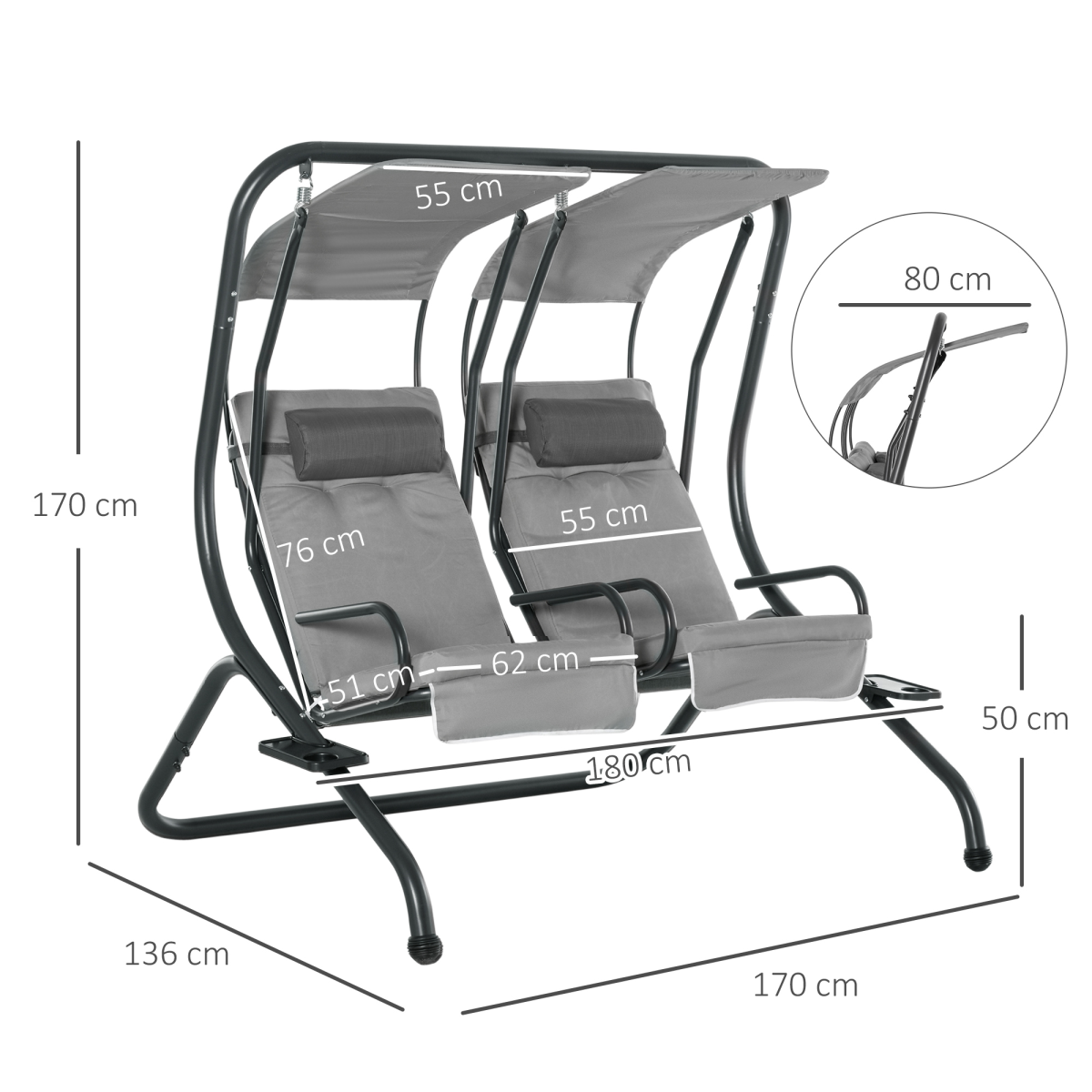 Outsunny Double Outdoor Swing Chair with 2 Independent Seats, Removable Canopy, Grey