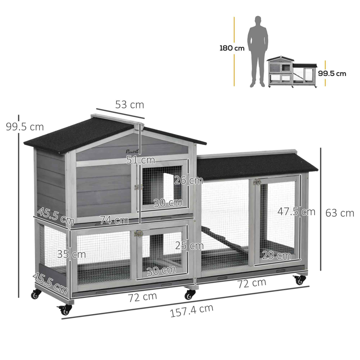 PawHut Wooden Rabbit Hutch with Wheels, Slide-Out Tray, Ramp