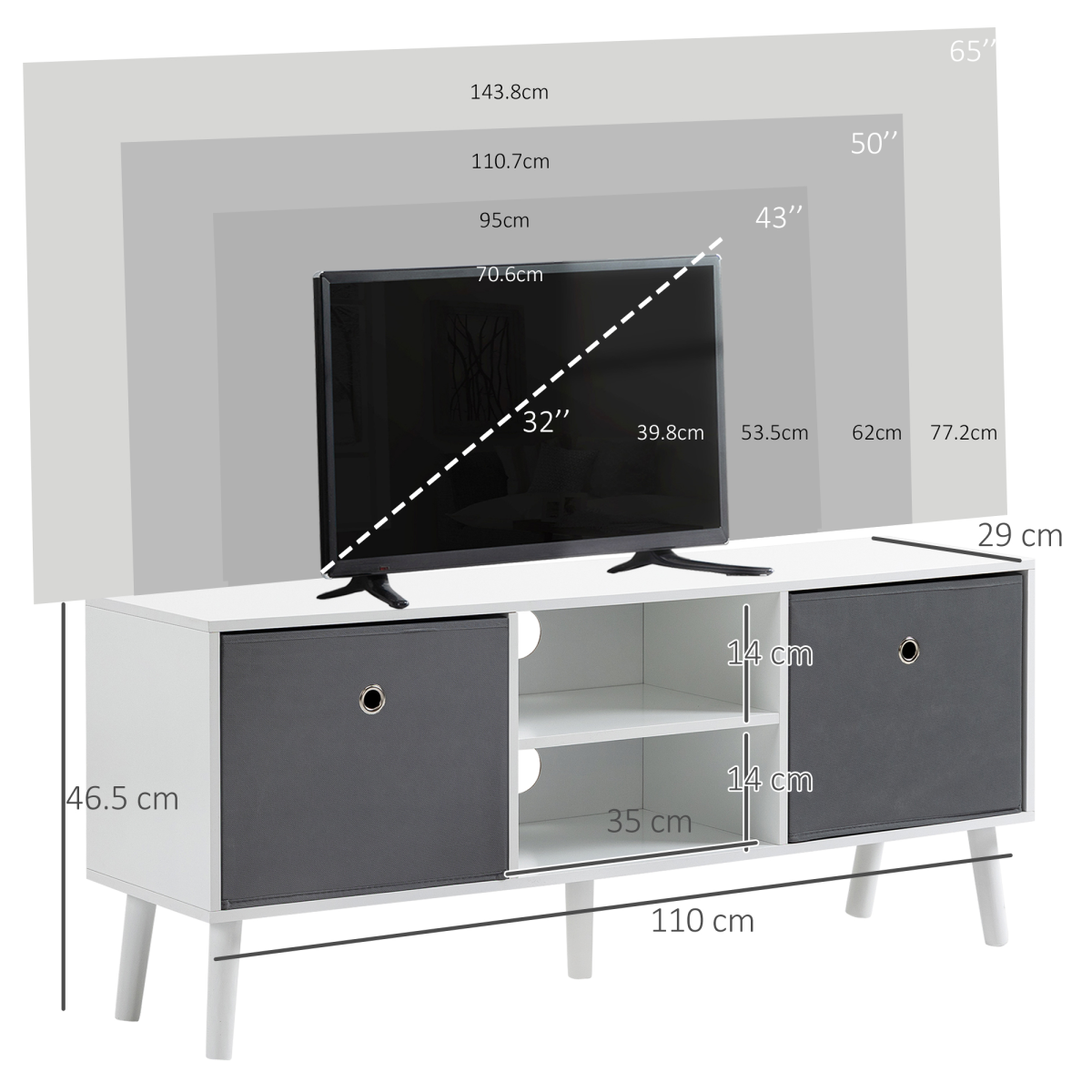 HOMCOM Modern TV Cabinet Stand with 2 Fabric Drawers, 2 Shelves, Cable Holes, Fits TVs up to 50in