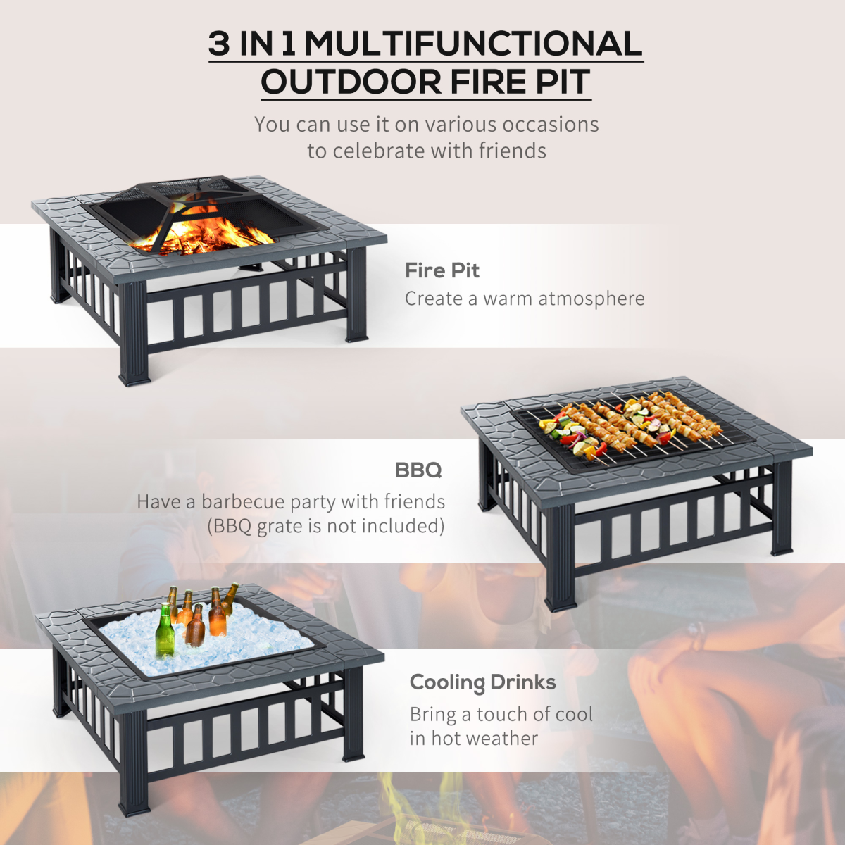 HOMCOM Square Fire Pit with Waterproof Cover, Black/Grey