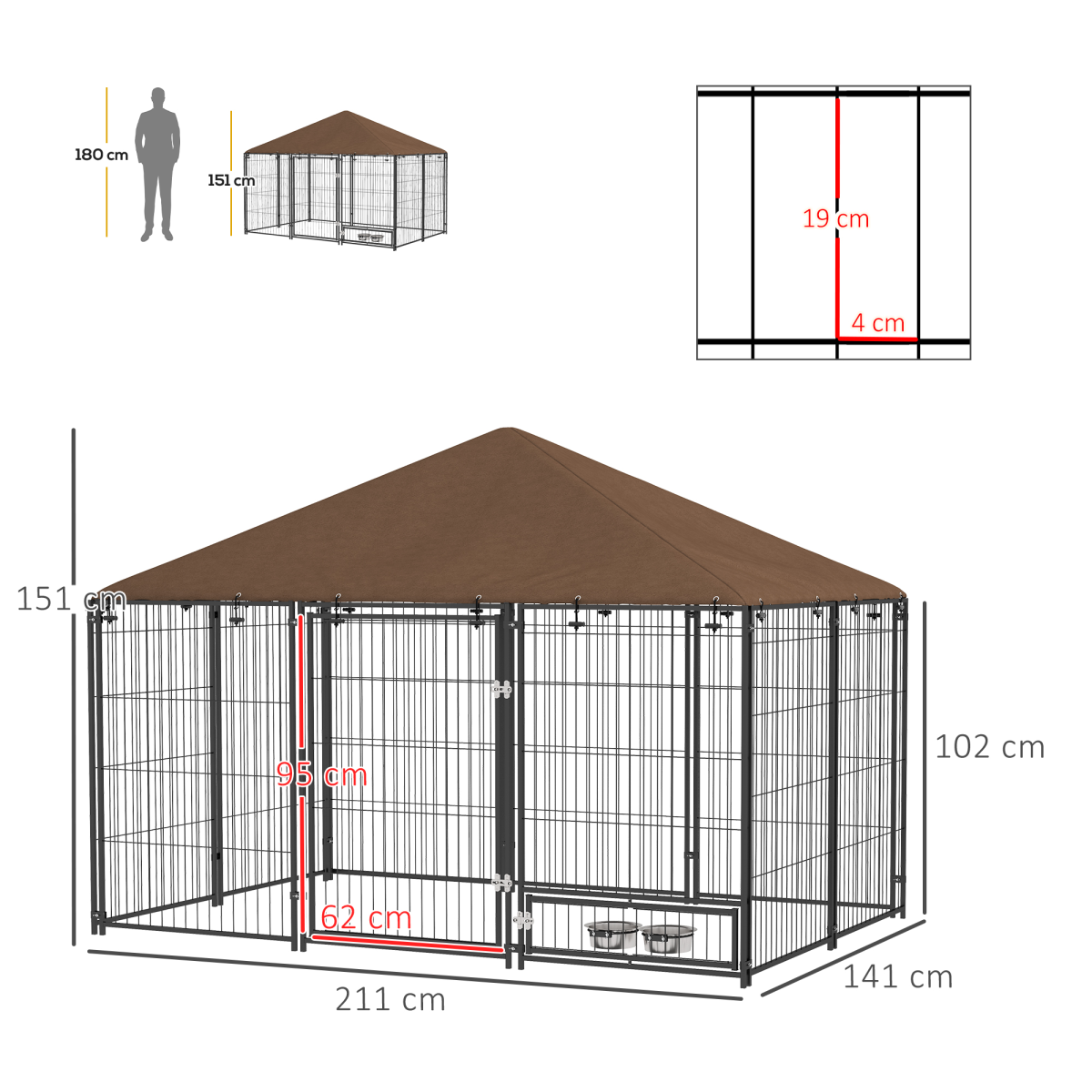 PawHut Outdoor Dog Kennel with Canopy, Lock & Rotating Bowl Holder