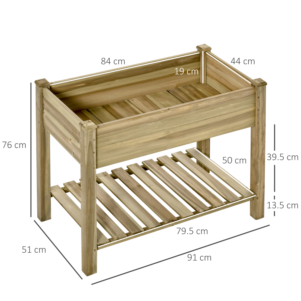 Outsunny Raised Wooden Garden Bed with Legs and Bottom Storage Shelf, Elevated Planter Box with Drainage Holes