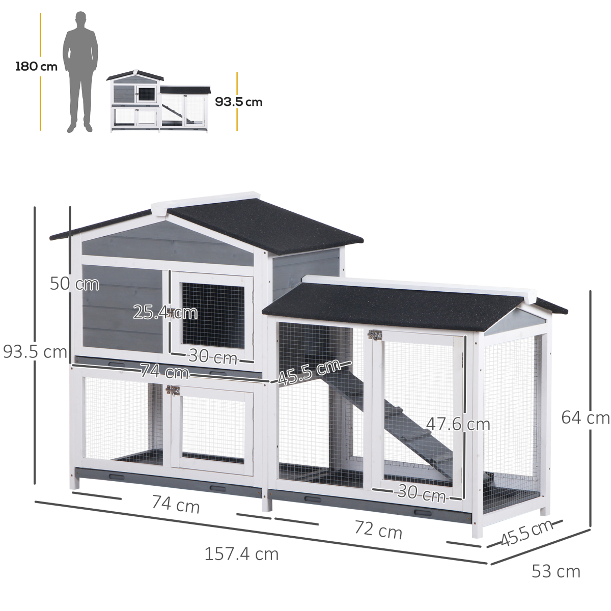 PawHut 2-Tier Wooden Rabbit Hutch for Guinea Pigs, Outdoor Pet Cage with Ramp, Sliding Tray and Weather-Resistant Roof