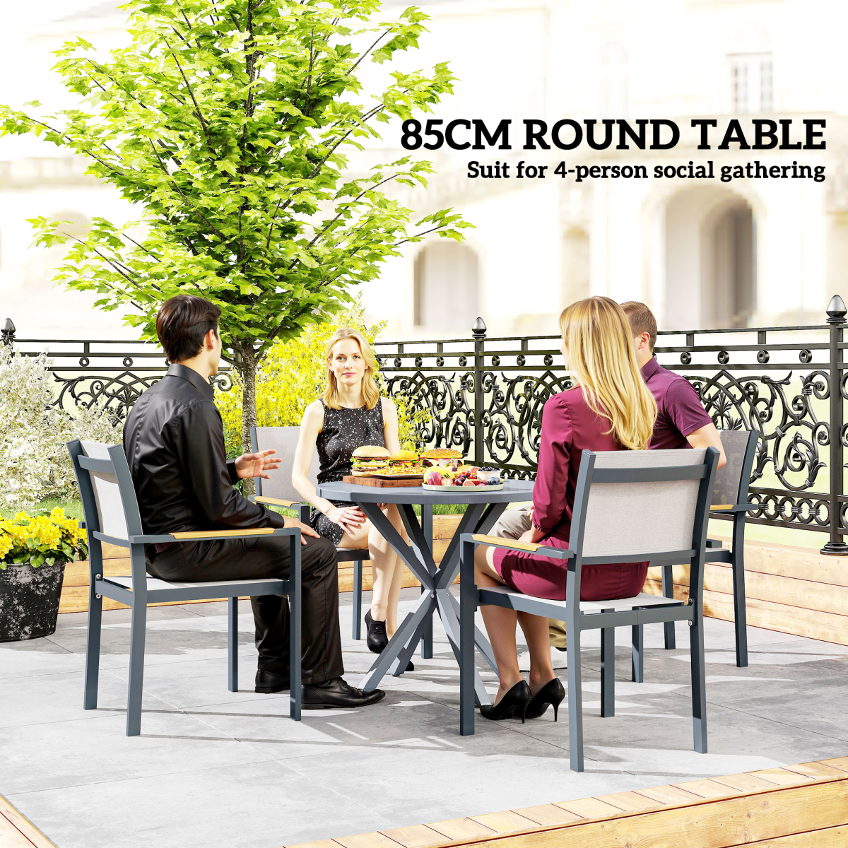 Outsunny Round Garden Table, Steel Frame, Wood-Effect Top, Dark Grey