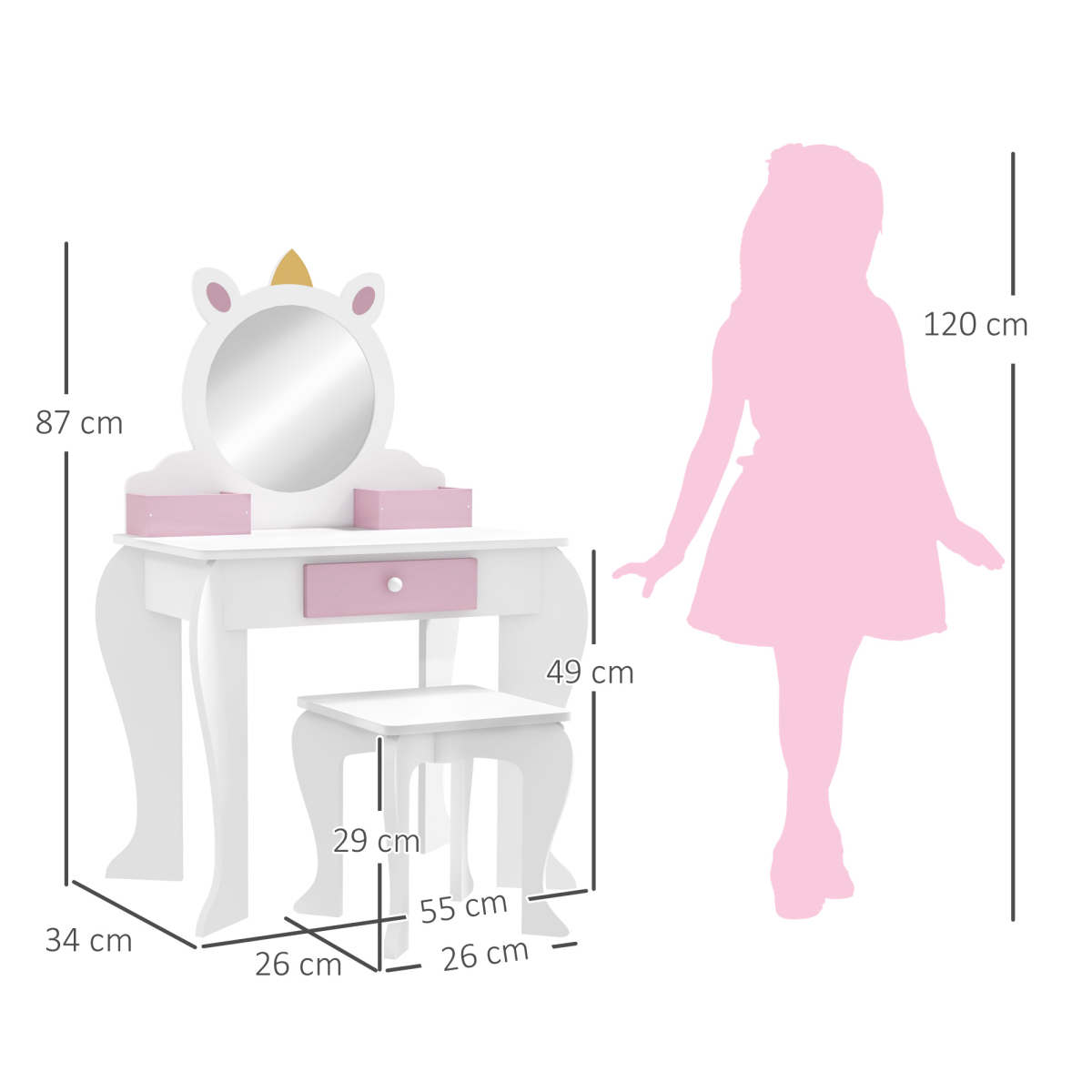 ZONEKIZ Kids Dressing Table Set with Mirror, Stool and Drawer, Unicorn Design, White and Pink