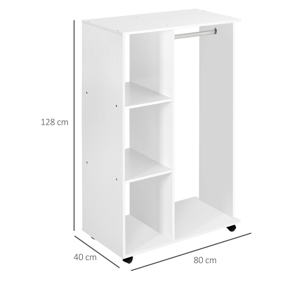 White Storage Wardrobe with Shelves, Hanging Rail & Wheels