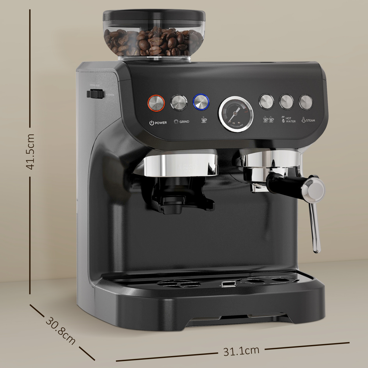 HOMCOM Espresso Machine with Integrated Grinder & Steam Wand, 15 Bar