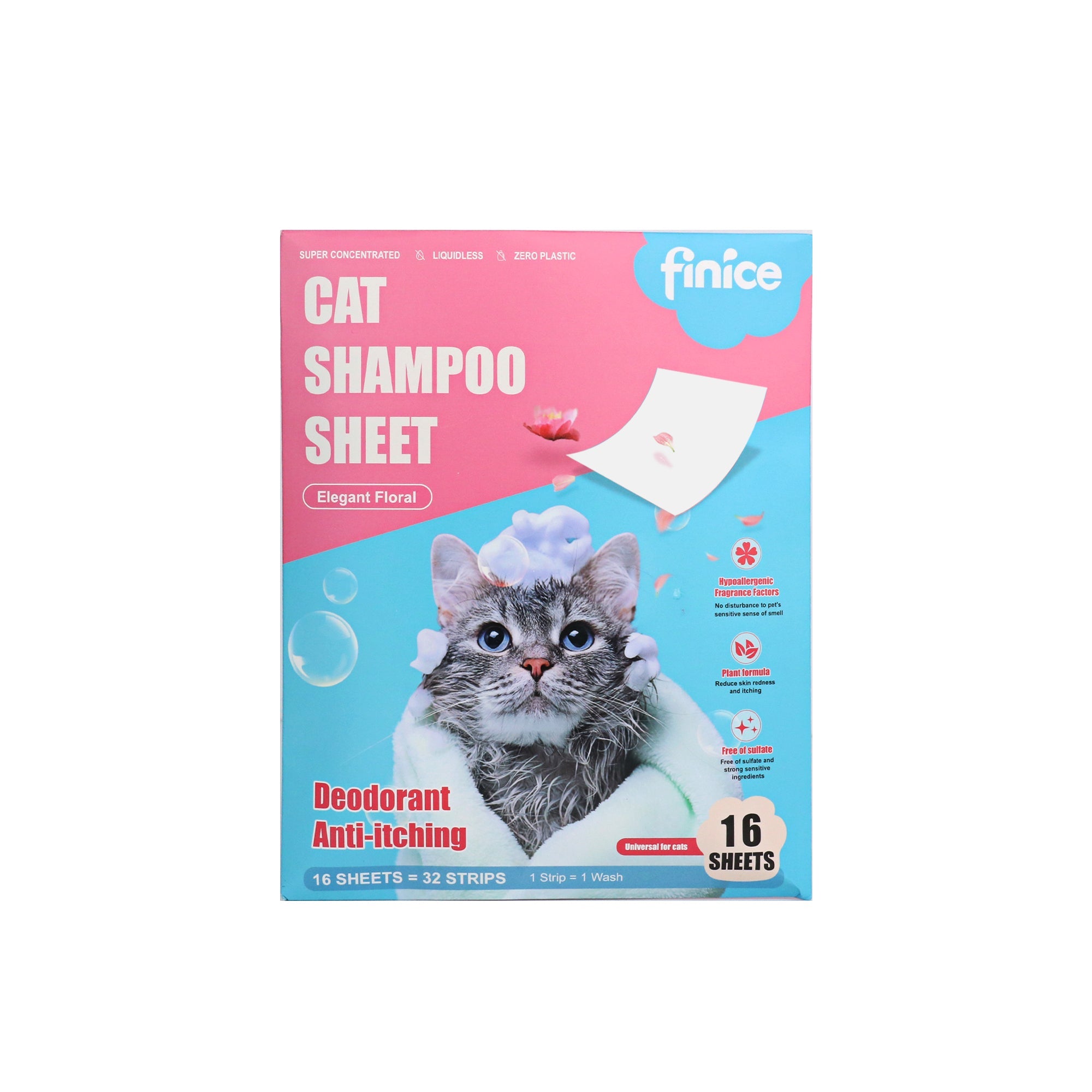 Finice Cat Shampoo Sheets – Plant-Based, Anti-Itch & Deodorising, Elegant Floral, 32 Washes