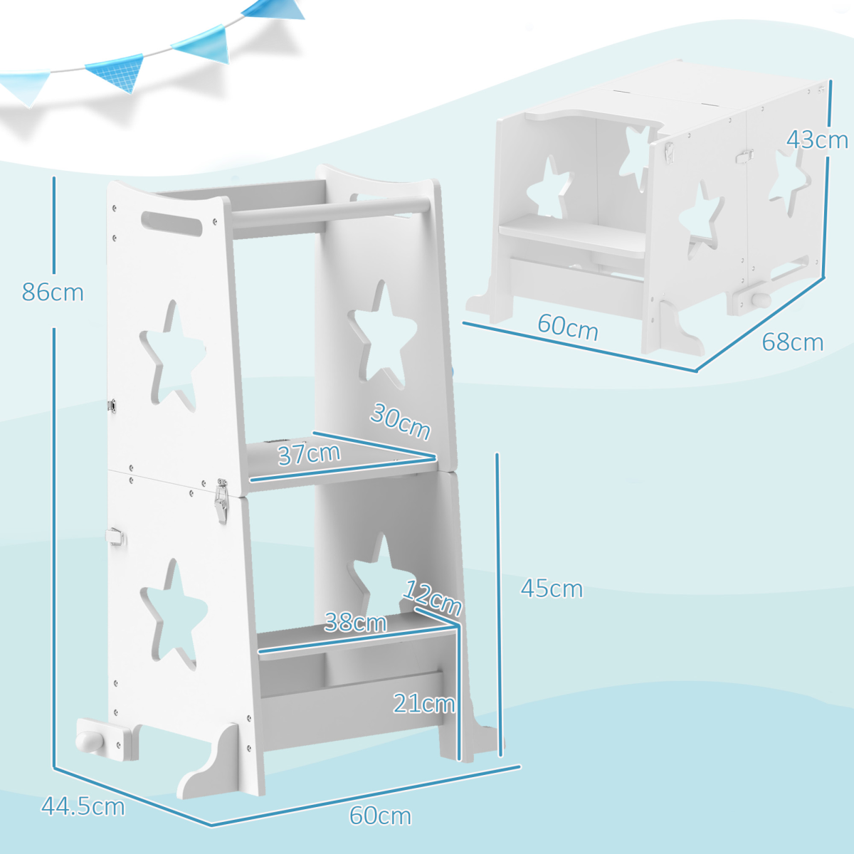 AIYAPLAY 2-in-1 Toddler Step Stool with Safety Rail, White