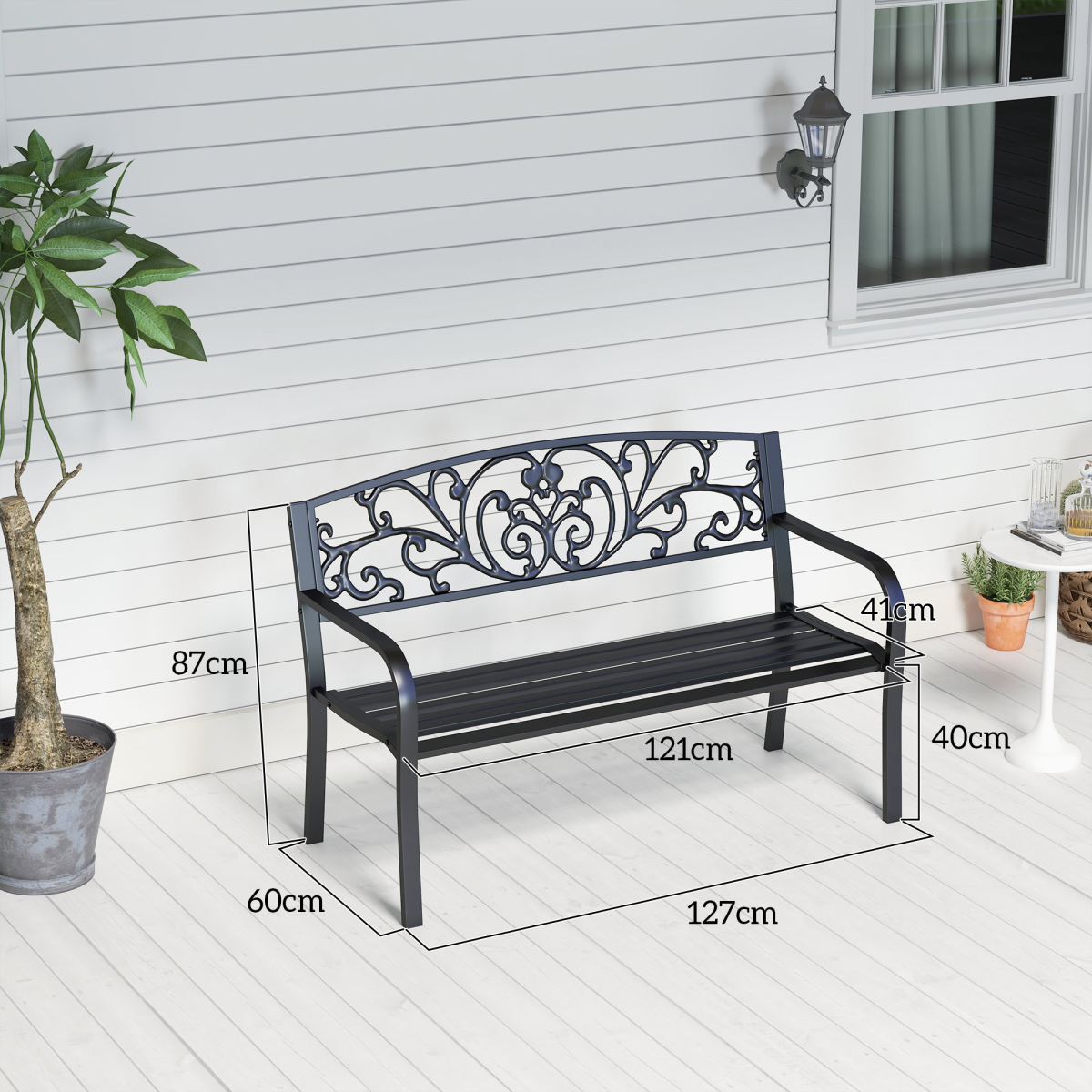 Outsunny 2-Seater Steel Garden Bench with Floral Backrest