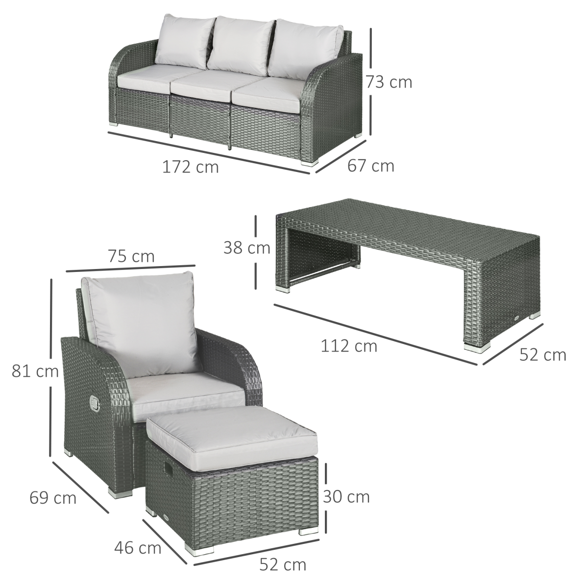 Outsunny 7-Seater Outdoor Garden Rattan Furniture Set with 2 Reclining Armchairs, 3-Seater Sofa, 2 Footstools and Table - Grey