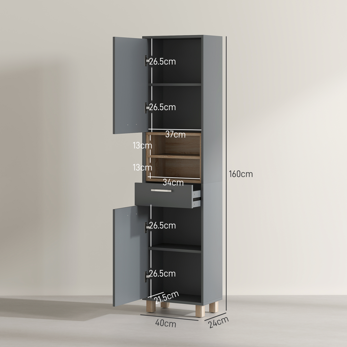 HOMCOM Grey Bathroom Storage Unit with Cabinets, Shelves and Drawer