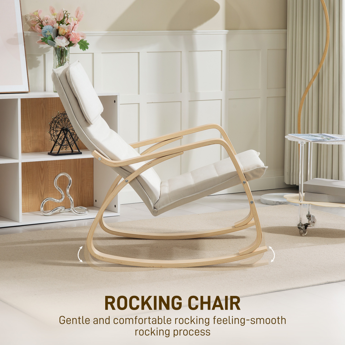 HOMCOM Cream White Linen-Feel High Back Rocking Chair with Headrest