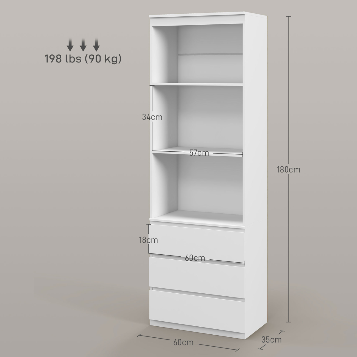 HOMCOM 180cm White Freestanding Bookshelf with 3 Shelves and 3 Drawers