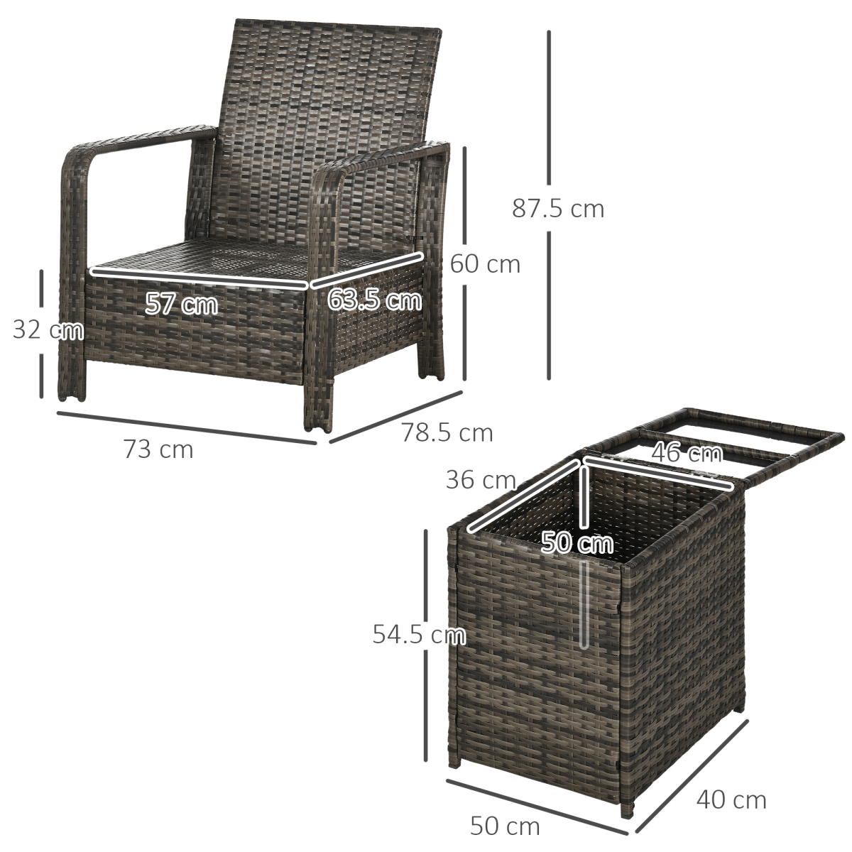 3-Piece PE Rattan Garden Sofa Set with 2 Armchairs and Storage Table, Grey, Outsunny