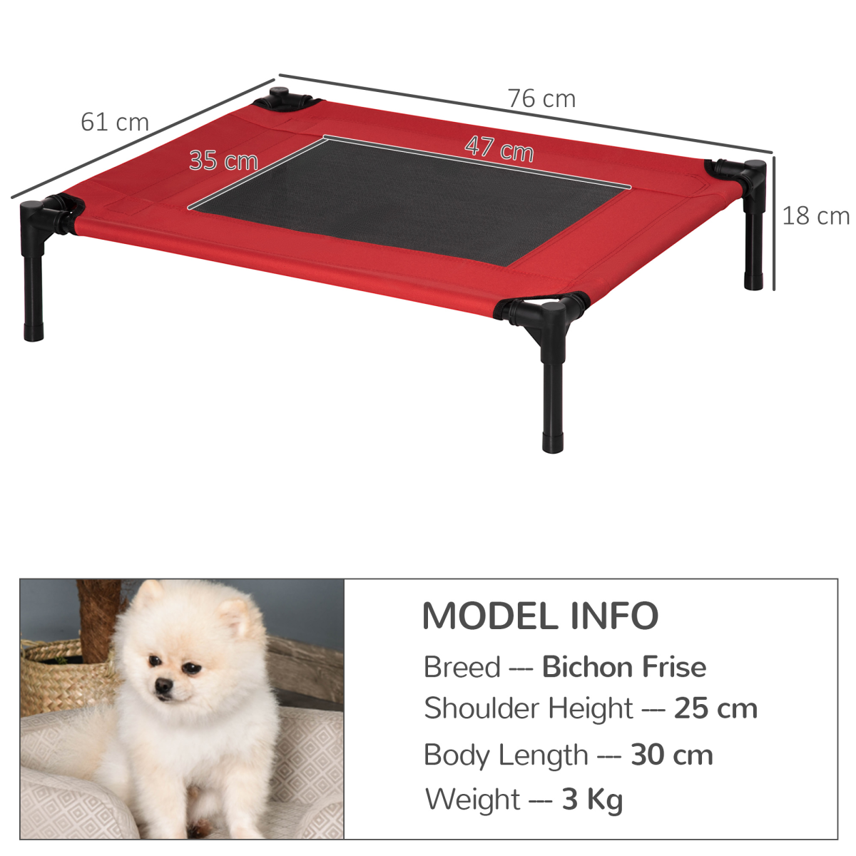 Elevated Pet Bed for Dogs and Cats, Portable Folding Cot, Powder Coated Metal Frame, Texteline Fabric, Indoor and Outdoor Use