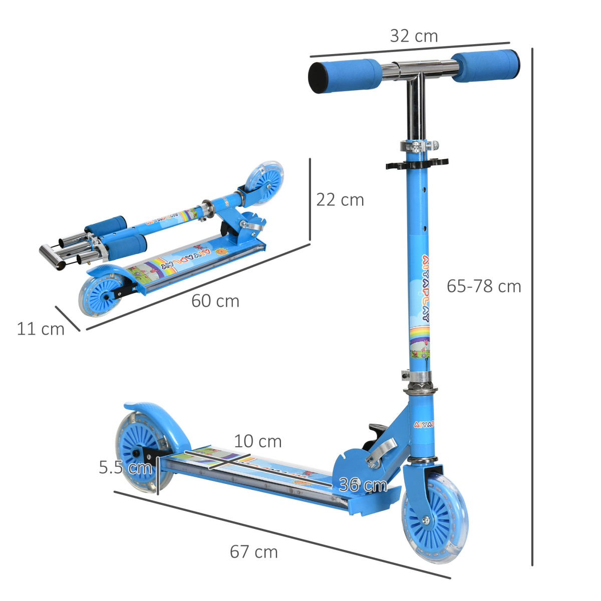 HOMCOM Kids Scooter, Ages 3-7, Lights, Music & Adjustable Height, Blue
