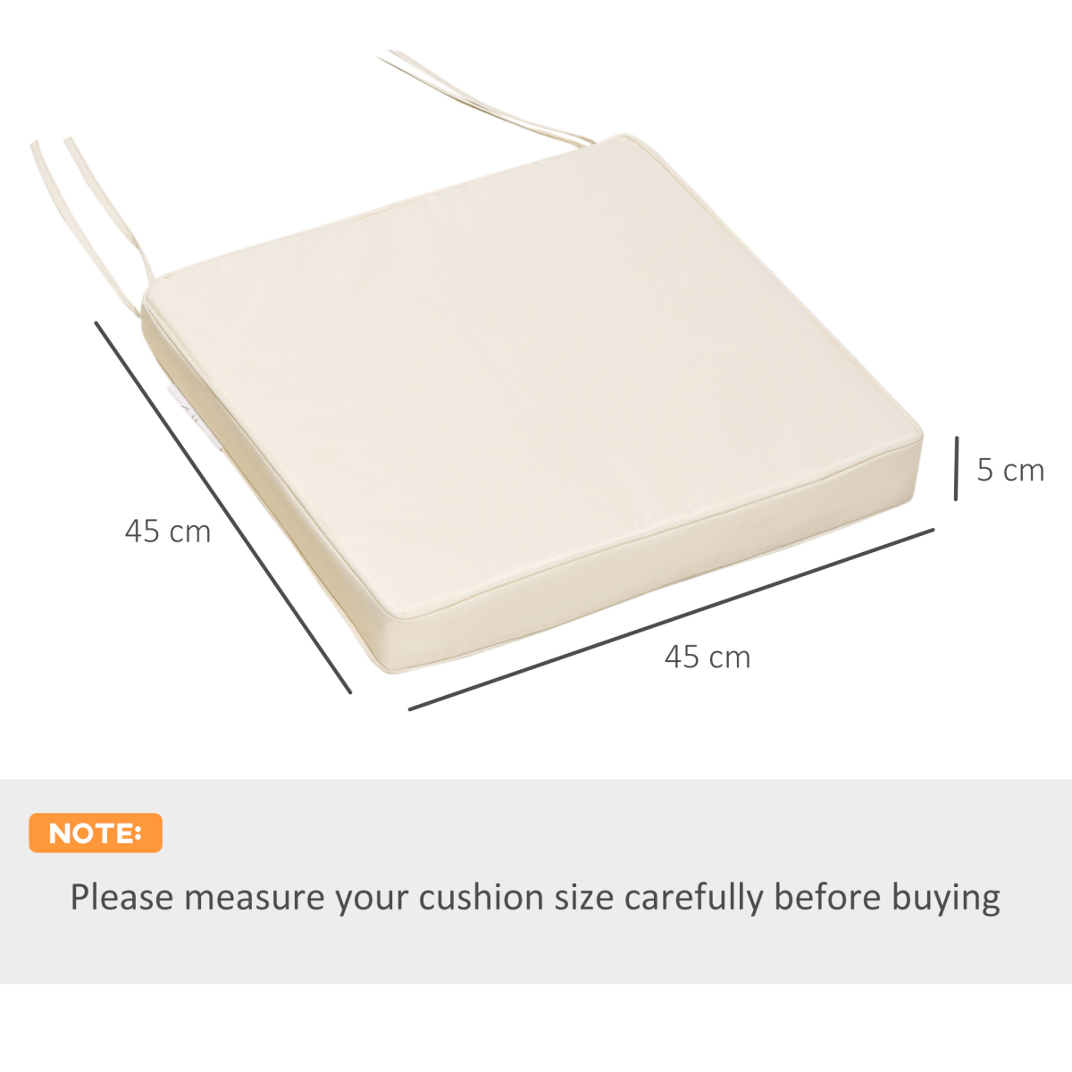 45 x 45cm Replacement Garden Seat Cushion Pad with Ties, Cream White