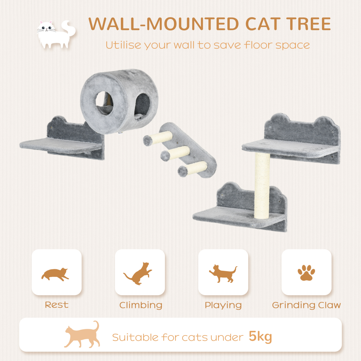 PawHut Wall-Mounted Cat Furniture with Platforms, Steps & House - Grey
