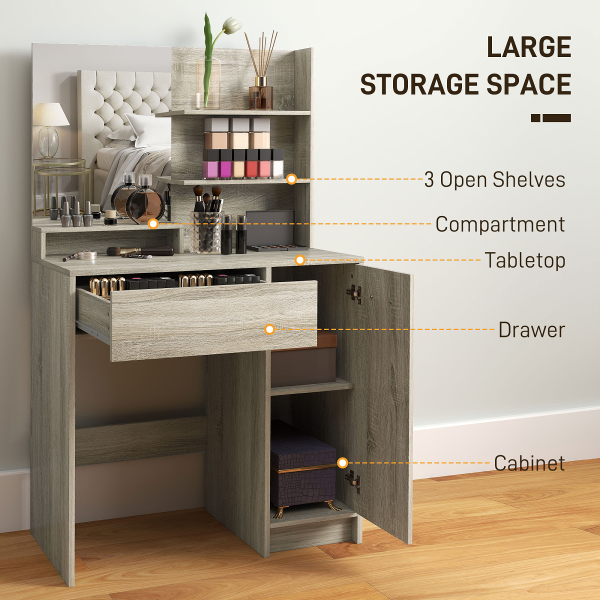 HOMCOM Dressing Table with Mirror, Stool and Storage for Bedroom