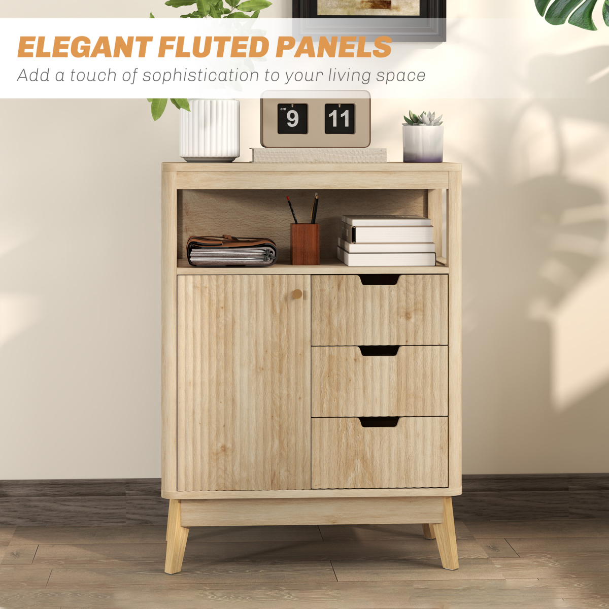HOMCOM Modern Fluted Sideboard Storage Cabinet with Drawers