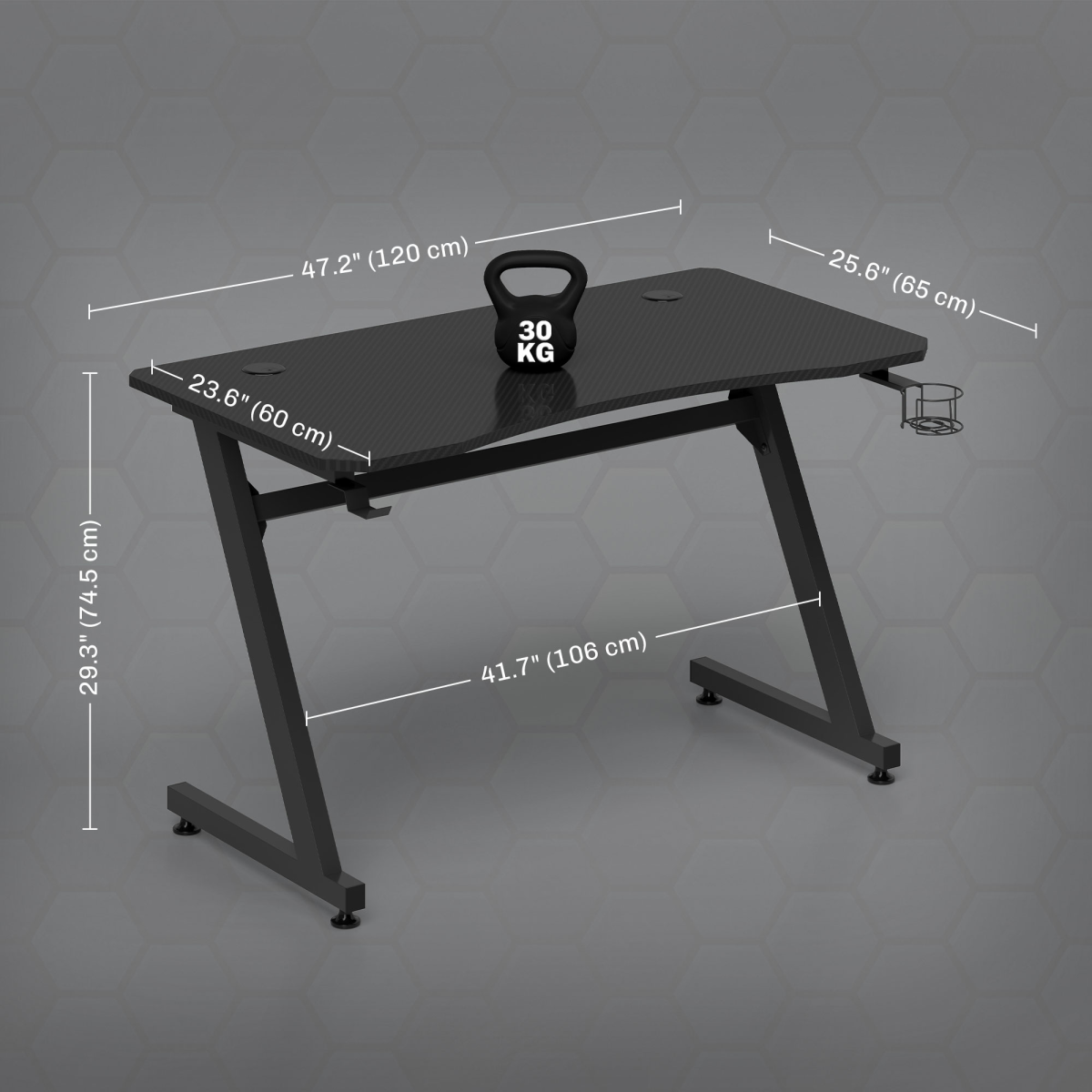 Gaming Desk Steel Frame with Cup Holder, Headphone Hook, Cable Organizer, Adjustable Feet, Black