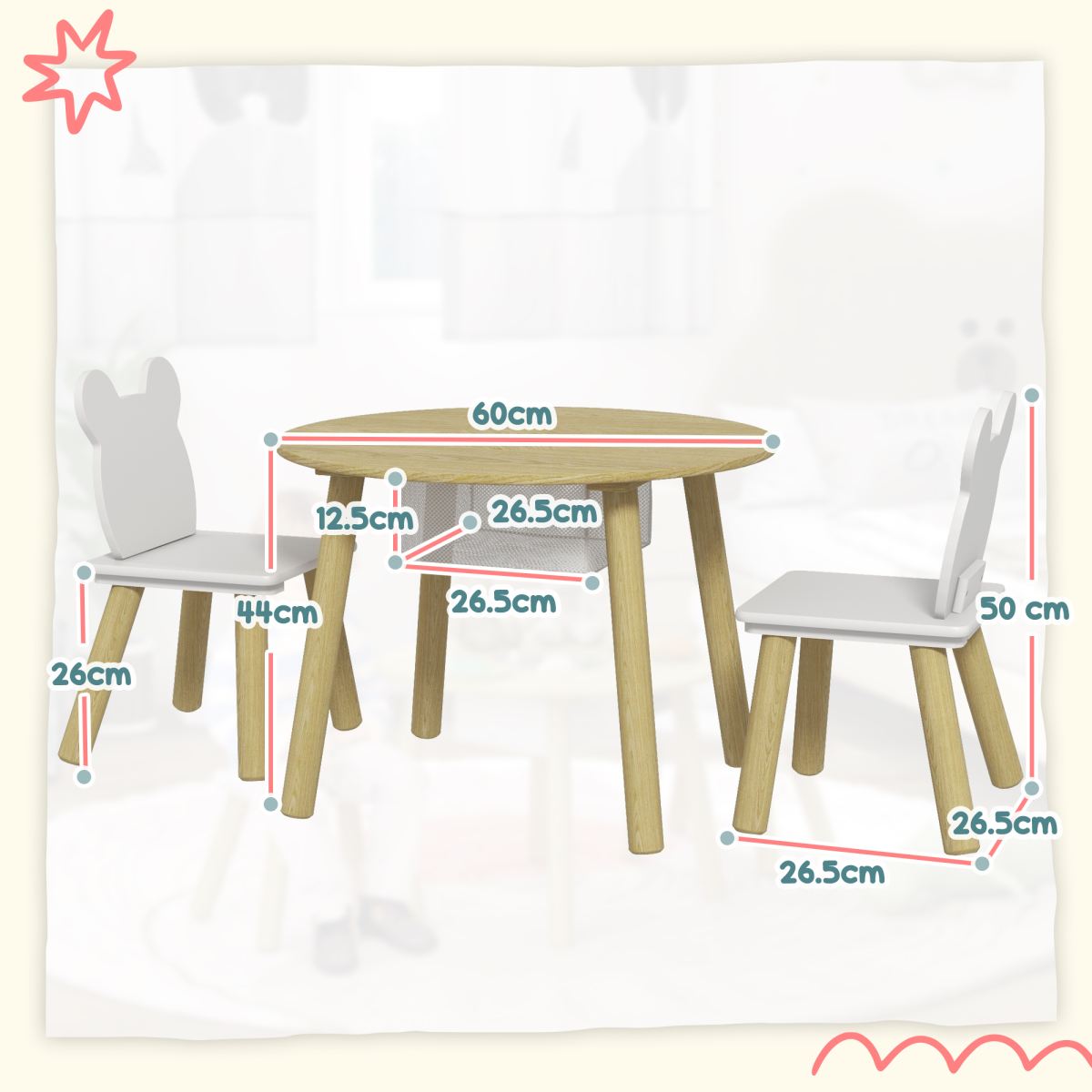 AIYAPLAY 3-Piece Toddler Table and 2 Chair Set with Mesh Bag