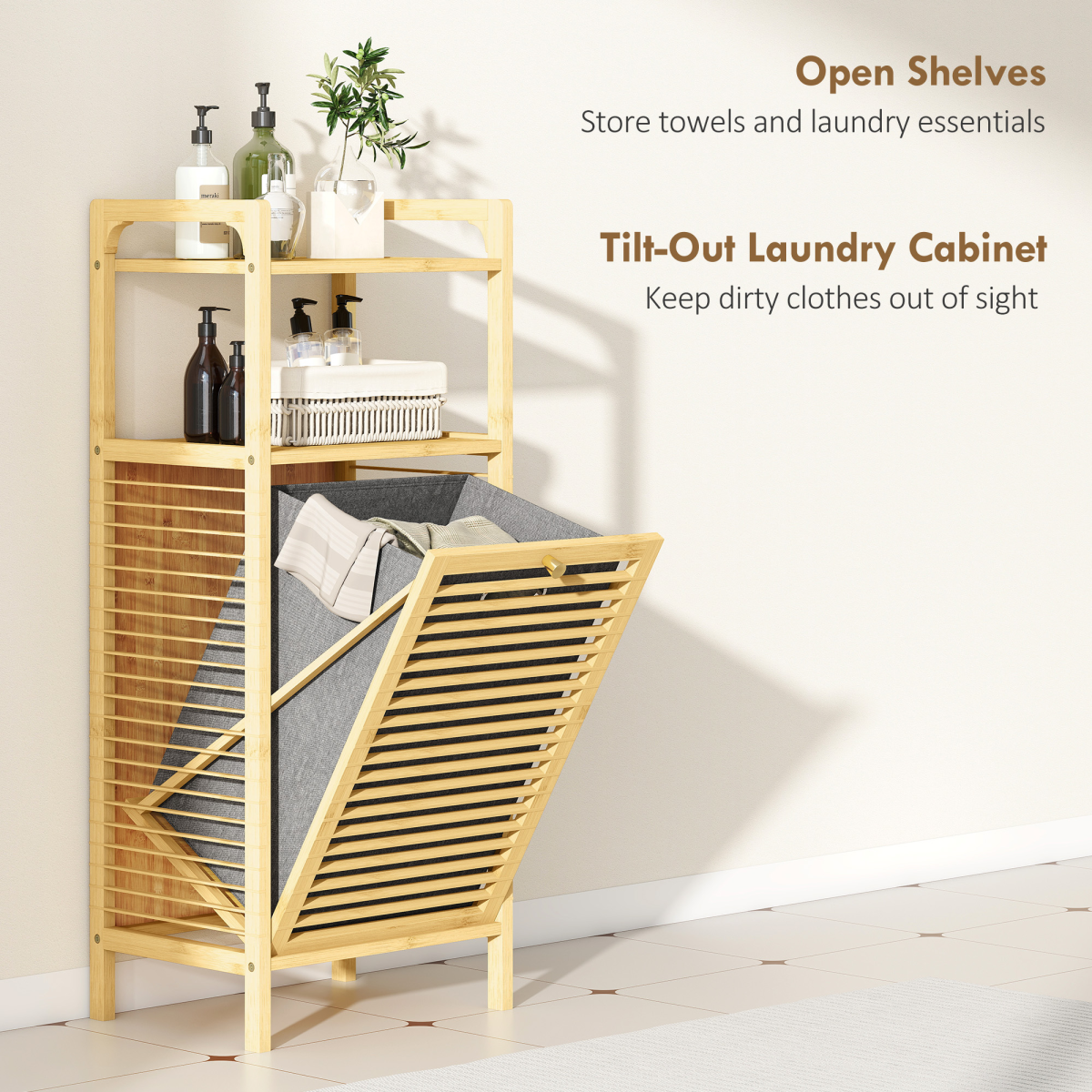 HOMCOM Bamboo Laundry Hamper Cabinet with Removable 37L Basket