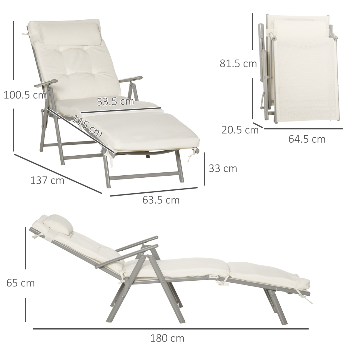 Outsunny Folding Sun Lounger, 7-Position Adjustable, Padded, White