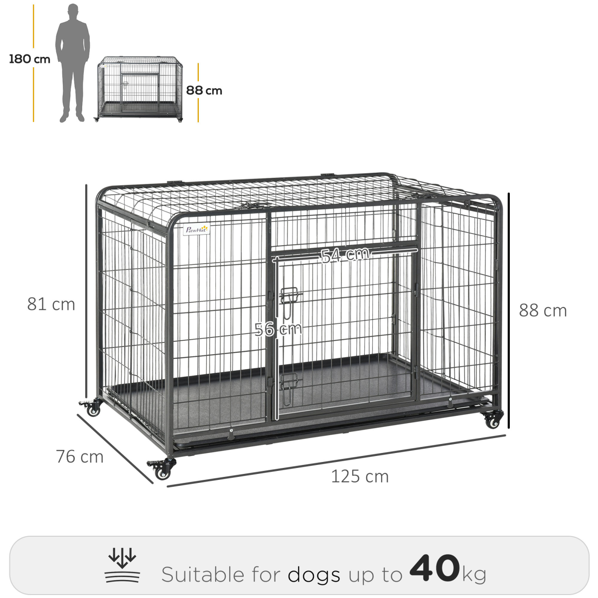 PawHut Metal Dog Crate with Locking Door, Wheels, Foldable Design & Removable Tray, Extra Large Dog Cage 125 x 76 x 81 cm