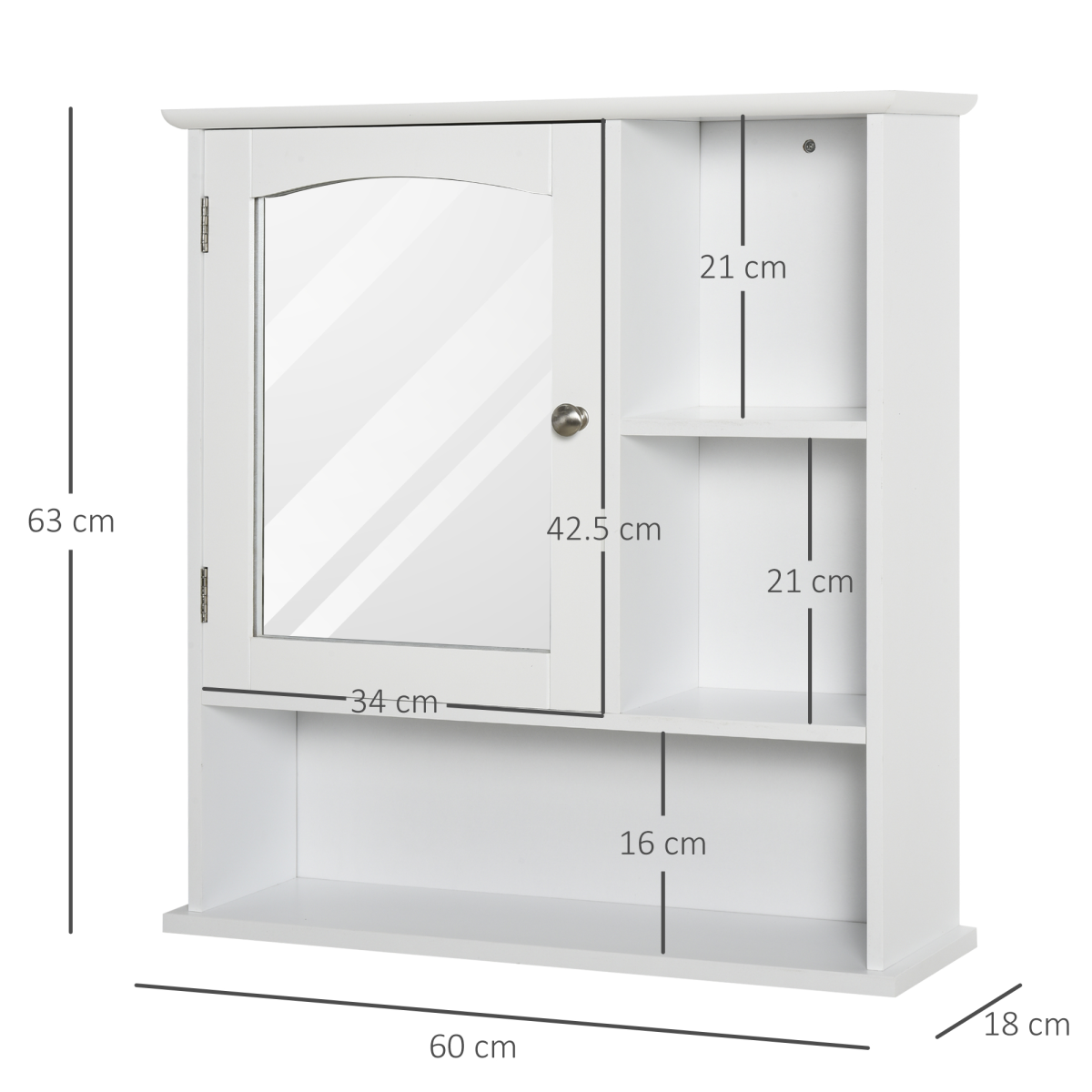 kleankin Wall-Mounted Bathroom Mirror Cabinet, Single Door Storage Cabinet with Adjustable Shelf and 3 Open Shelves, MDF, Water-Resistant Painted Surface