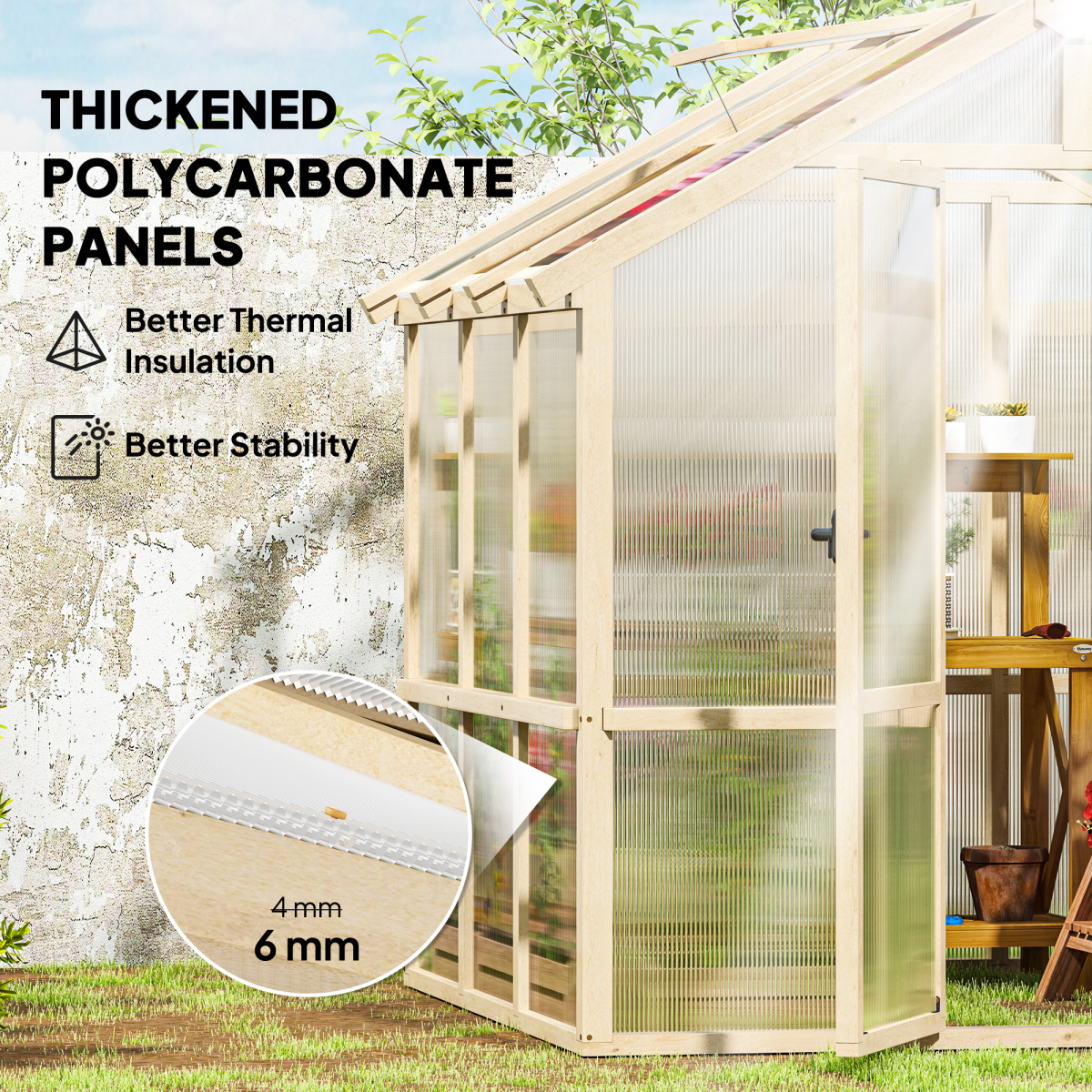 Outsunny Wooden Polycarbonate Greenhouse with Lockable Door, Brown