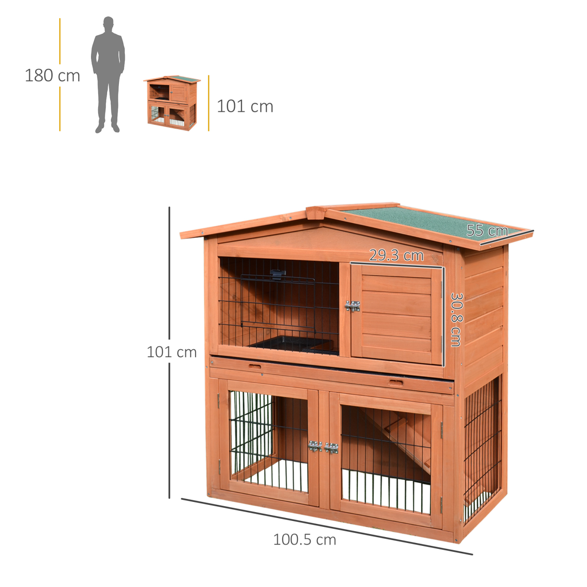 PawHut A-Frame Wooden Rabbit Hutch, 2-Storey Small Animal House with Large Run Area, Removable Divider, Ramp, and Slide-Out Tray