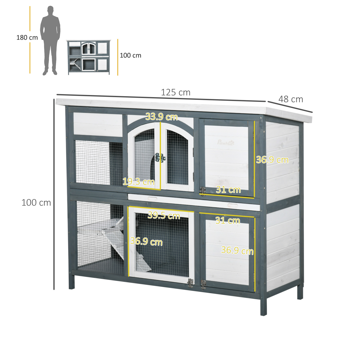 PawHut Two-Tier Wooden Rabbit Hutch with Openable Roof, Pull-Out Tray, Ramps, and Lockable Doors