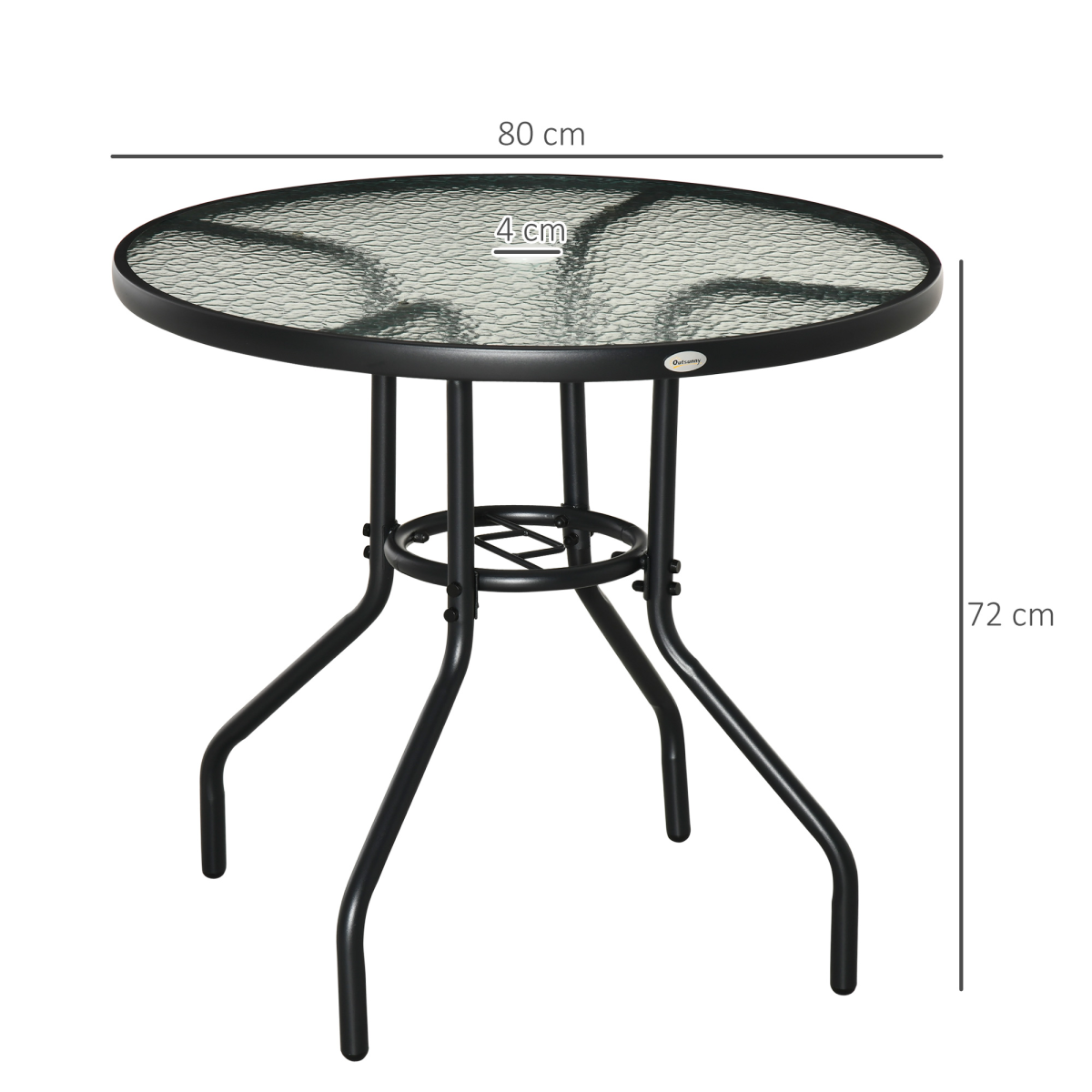 Outdoor Round Dining Table, Tempered Glass Top, Steel Frame, Parasol Hole, 80cm