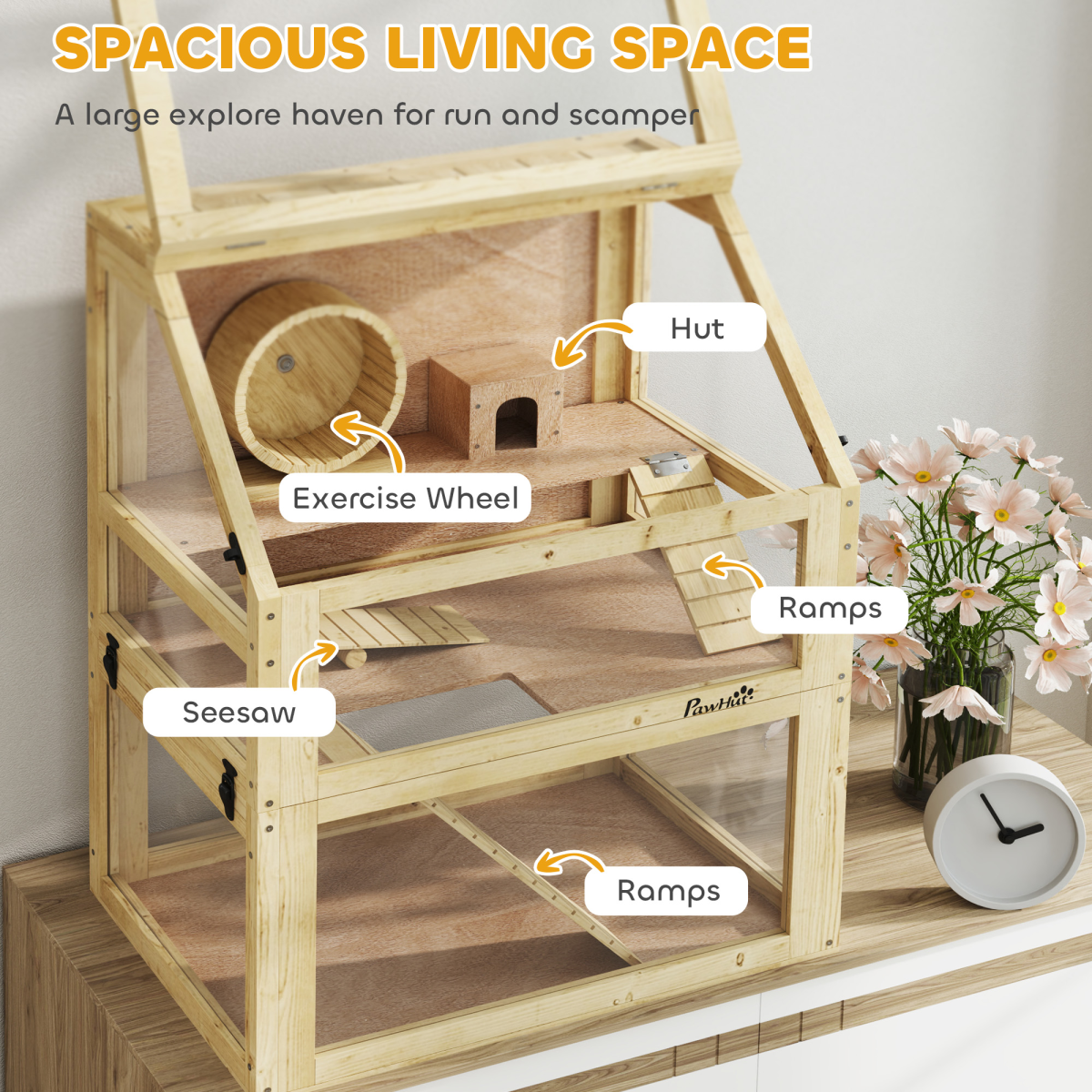 PawHut Wooden Hamster Cage with Detachable Bottom, Three-Layer Design, Hut and Seesaw, 60 x 40 x 75cm