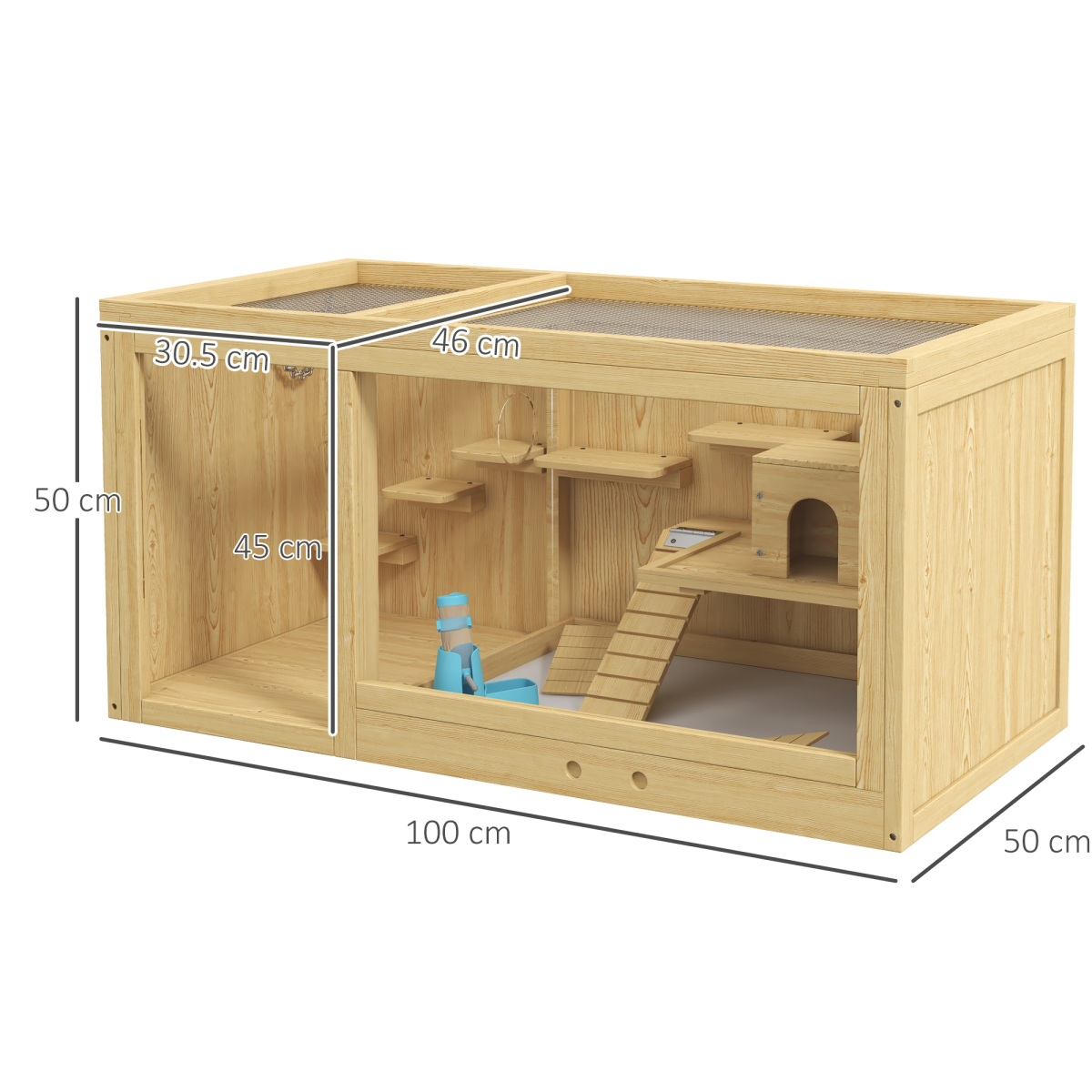PawHut Wooden Hamster Cage with Water Bottle, Platforms & Openable Roof