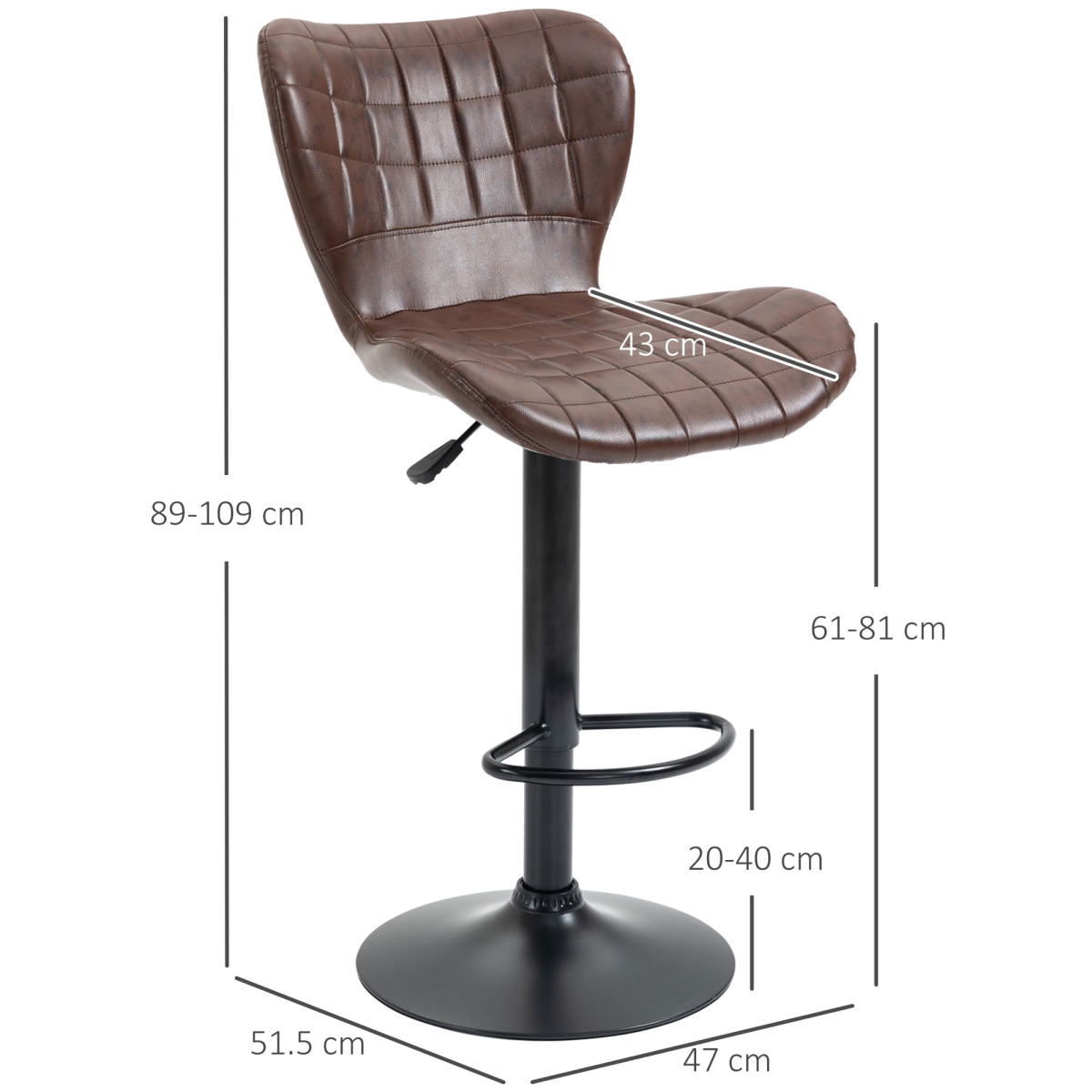 HOMCOM Set of 2 Adjustable Height Swivel Bar Stools with Backrest, PU Leather, Brown