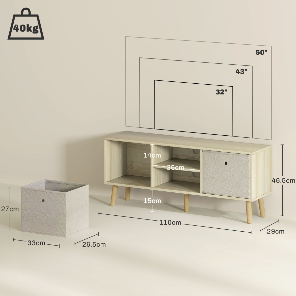 HOMCOM TV Cabinet Stand with Shelves & Drawers, Natural Wood